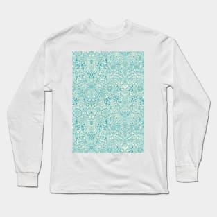 Detailed Floral Pattern in Teal and Cream Long Sleeve T-Shirt